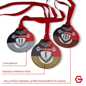 Gaminame metalinius medalių ruošinius UV spaudai.
3 mm plienas
Miltelinis dažymas
Jūsų individualios formos medalio dizainas.
Medalius galime parduoti kaip ruošinius, tolimesniam dekoravimui arba galime sumaketuoti ir atspausdinti suderintą maketą, bei suverti juosteles.
Dėl didesnių kiekių, kainos ir gamybos terminų - info@lasegra.lt