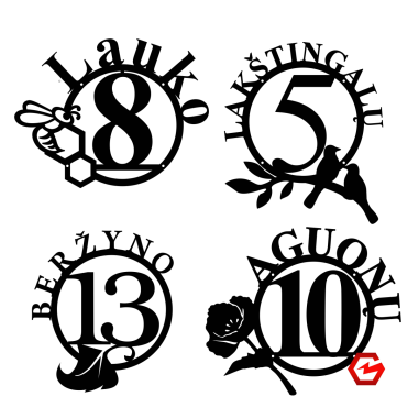 Gatvės užrašas ir namo numeris apskritime