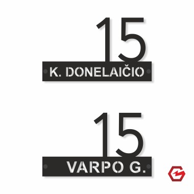 Gatvės užrašas juostoje ir namo numeris "Modernus"