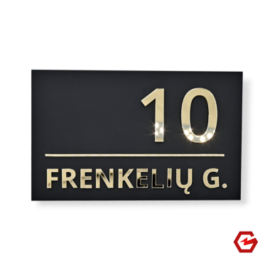 Namo numeris su gatvės pavadinimu lentelėje – veidrodinis auksas/juoda