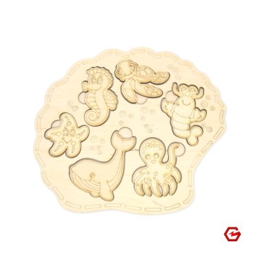 Medinė dėlionė vaikams "Kriauklė su jūros gyvūnais"